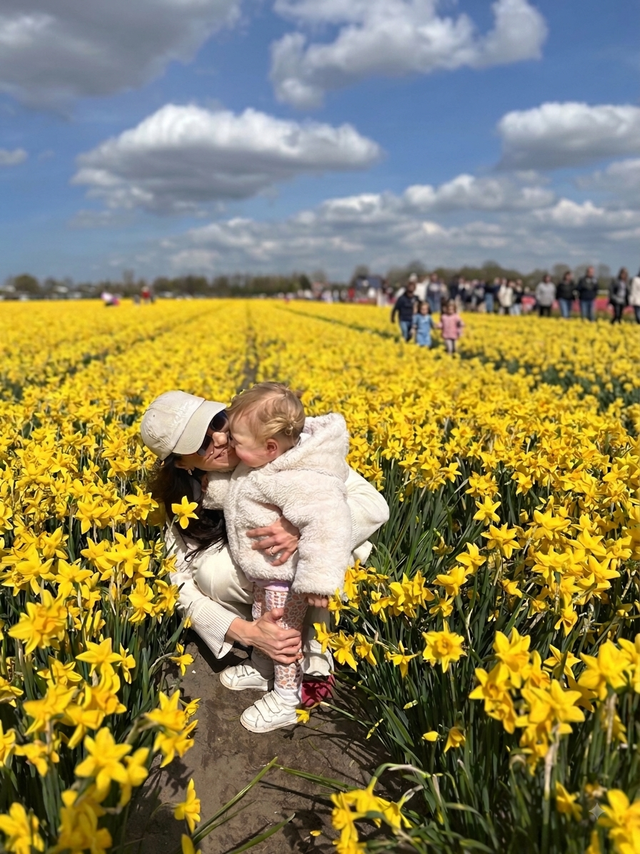A baby dressed in roo, surrounded by tulips